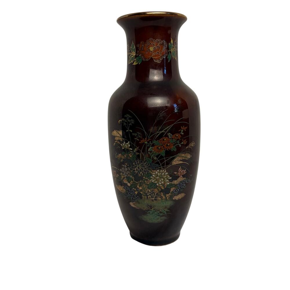 VTG Sato Gordon brown lacquer floral vase. Japanese satsuma style. chinosserie